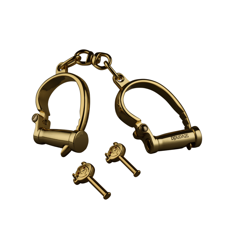 Love-slave Handcuffs Set, gold plated cuffs with the rounded horseshoe bow and two keys