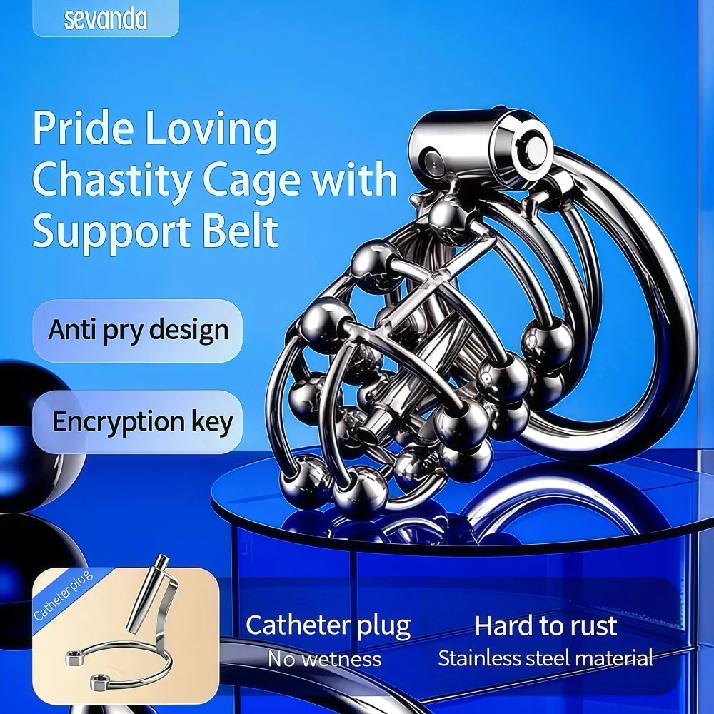 LOCKINK Pride Stainless Steel Chastity Cage with Support Belt